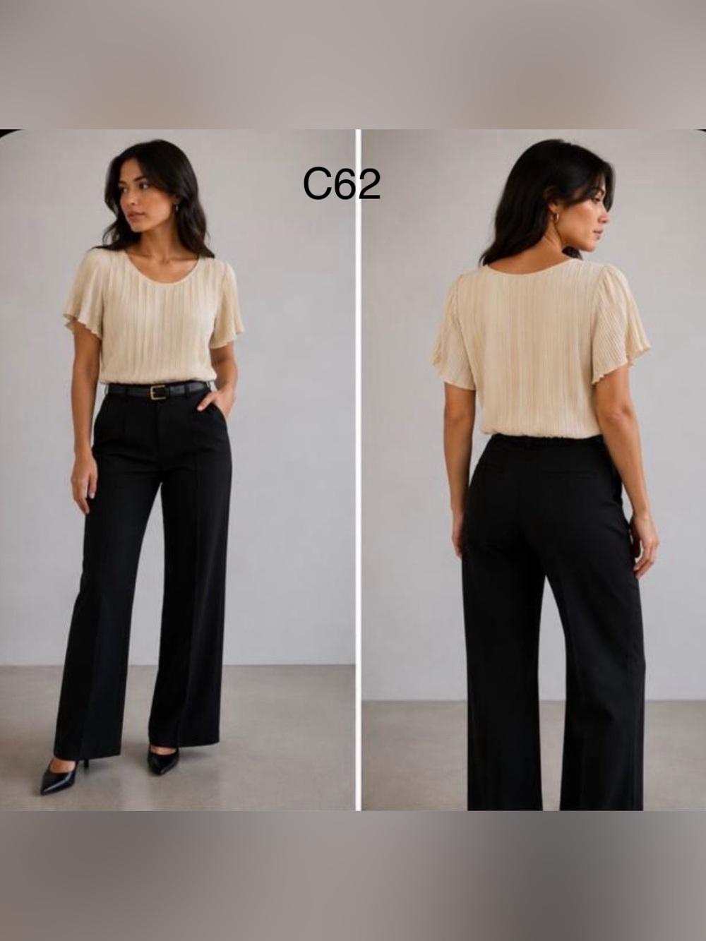 ICHI Pleated Short-Sleeve Blouse in Cream - Elegant Women's Top,Size Large